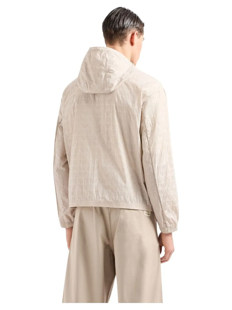 Blouson con cappuccio e zip in nylon light jacquard lettering all over