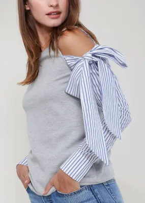 Open Shoulder Tie Sleeve Top In Heather Grey